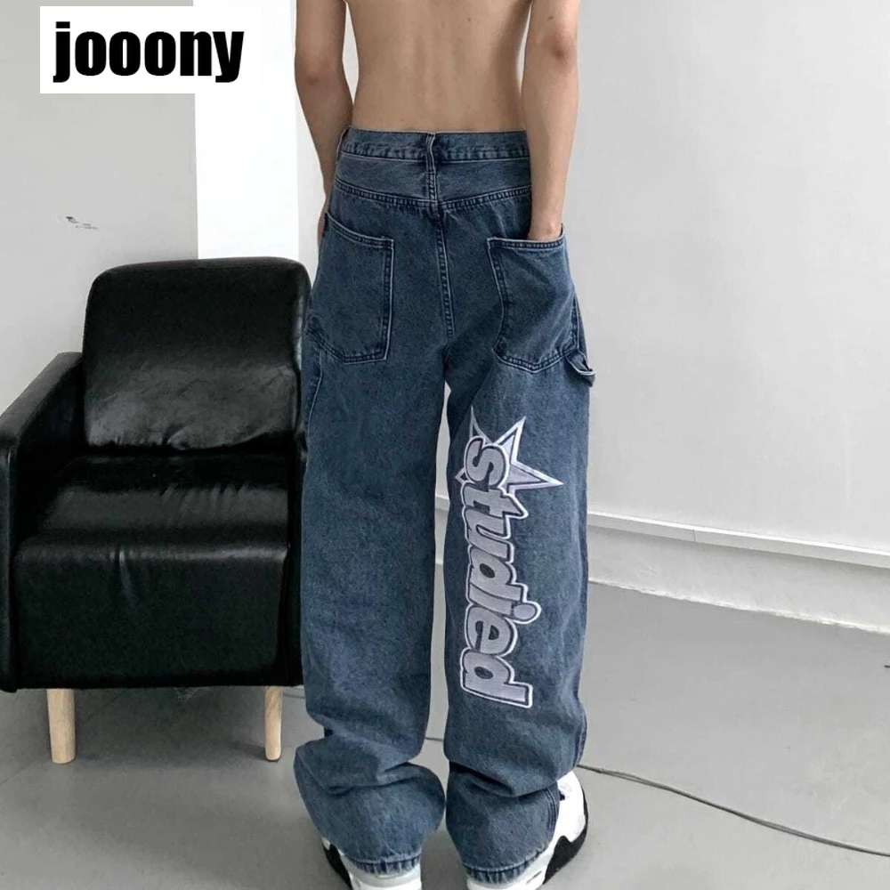 Autumn new streetwear retro hip-hop letter embroidery jeans man loose straight-leg pants wide-leg pants for men male