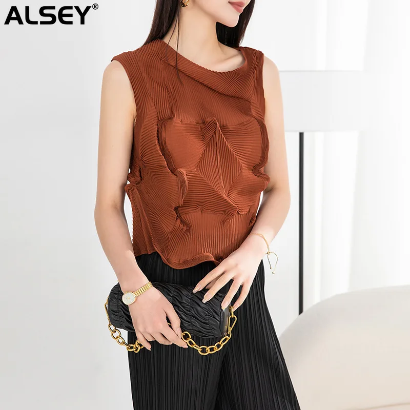 

ALSEY Miyake Women's Pleated Vest Fashion Elegant Temperament Diamond Pleated Office Lady High Stretch Top Women's Summer New