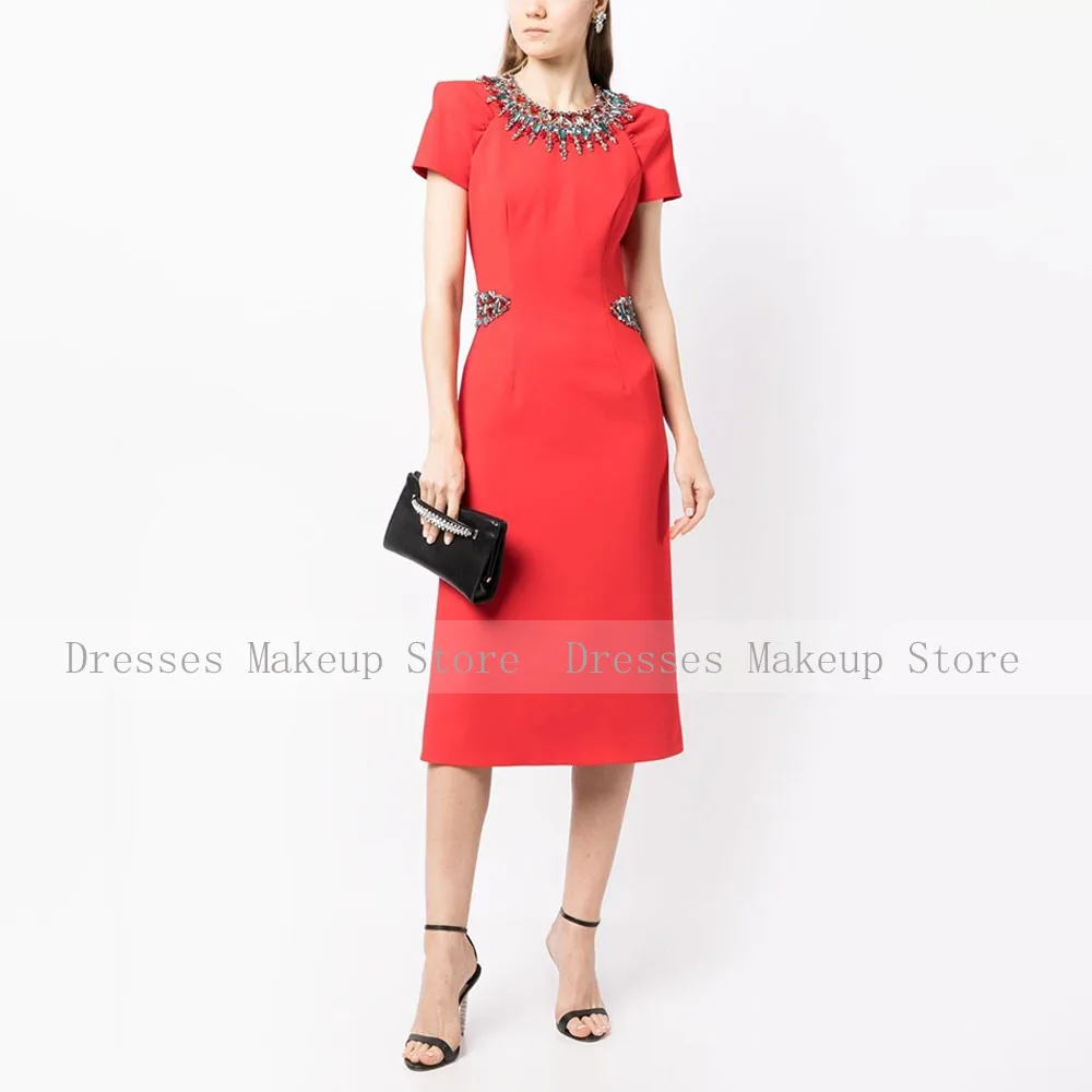 Luxury Cocktail Dresses Orange Red Crystal O Neck Column Women's Cocktail Gowns Midi Tea Length Short Sleeves Sheath Party Dress cocktail dress