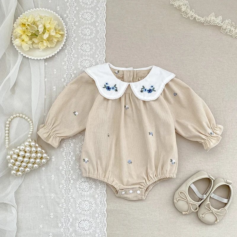 Autumn Newborn Infant Solid Color Bodysuit Girls Romper Floral Embroidery Long Sleeved Jumpsuit Baby Lapel Clothes Infant Clothe - Image 5
