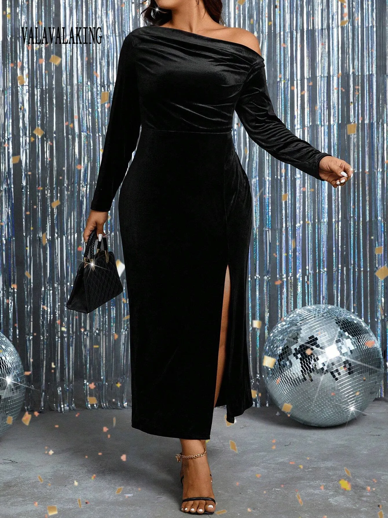 Off Shoulder Long Velvet Dresses with Slit Steel Grey Plus Size