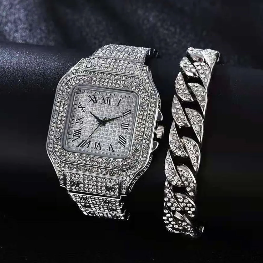 2PCS Luxury Watch for Women Gold Cuban Chains Bracelets Iced Out Watch Bing Hip Hop Mens Watch Set Jewelry Diamond Watch Women