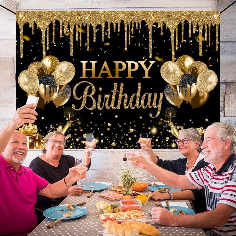 Gold glitzerndes Geburtstagsfeier-Polyester-Hintergrundtuch, Hintergrundbanner, perfekt für die Mottoparty zum Thema „Happy Birthday“ in Schwarzgold für Erwachsene – Detail 5