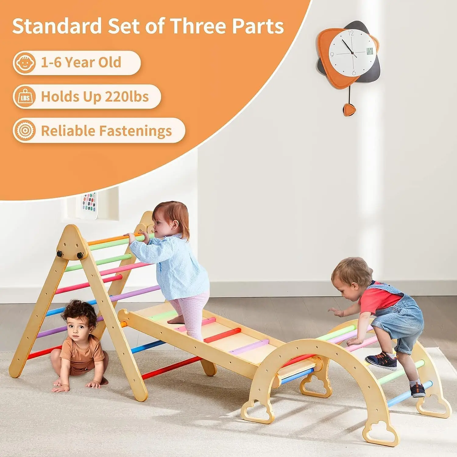 5 in 1 Pikler Triangle Set Wooden Montessori Climbing Set Inside Foldable with Ladder Ramp Arch Rocker and Slide Climbing Toys 5