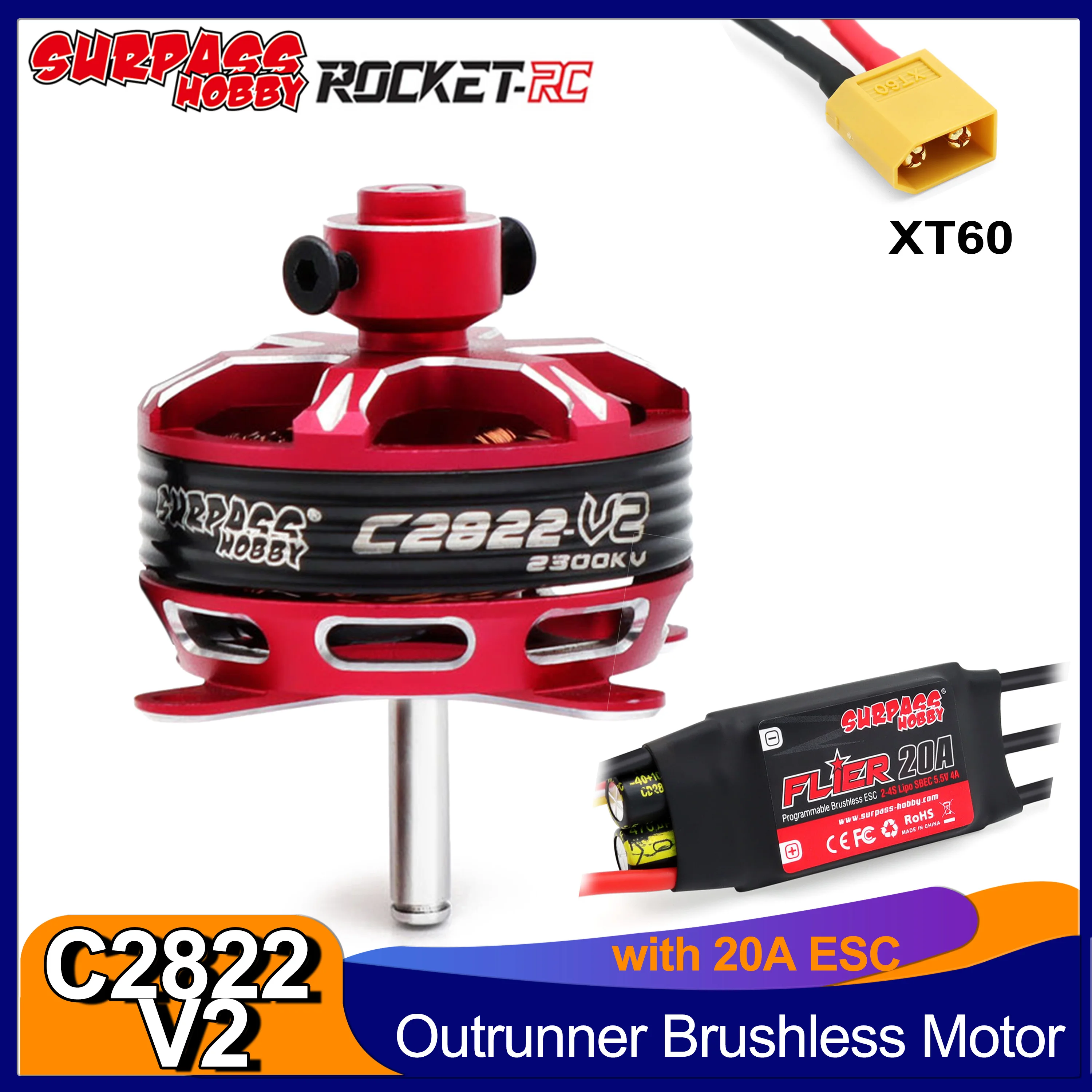 

SURPASSHOBBY Outrunner Brushless Motor C2822 2822 V2 with 20A Combo for RC Fixed-wing Quadcopter Drone Airplane Glider Aircraft