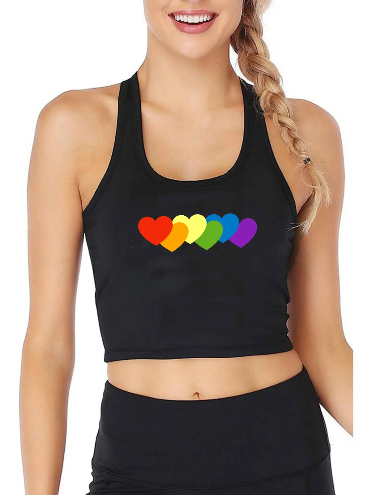 Gay Pride Design Pride Flag Hearts Print Fashion Sexy Breathable Tank Top Women's Sport Workout Crop Tops Summer Camisole