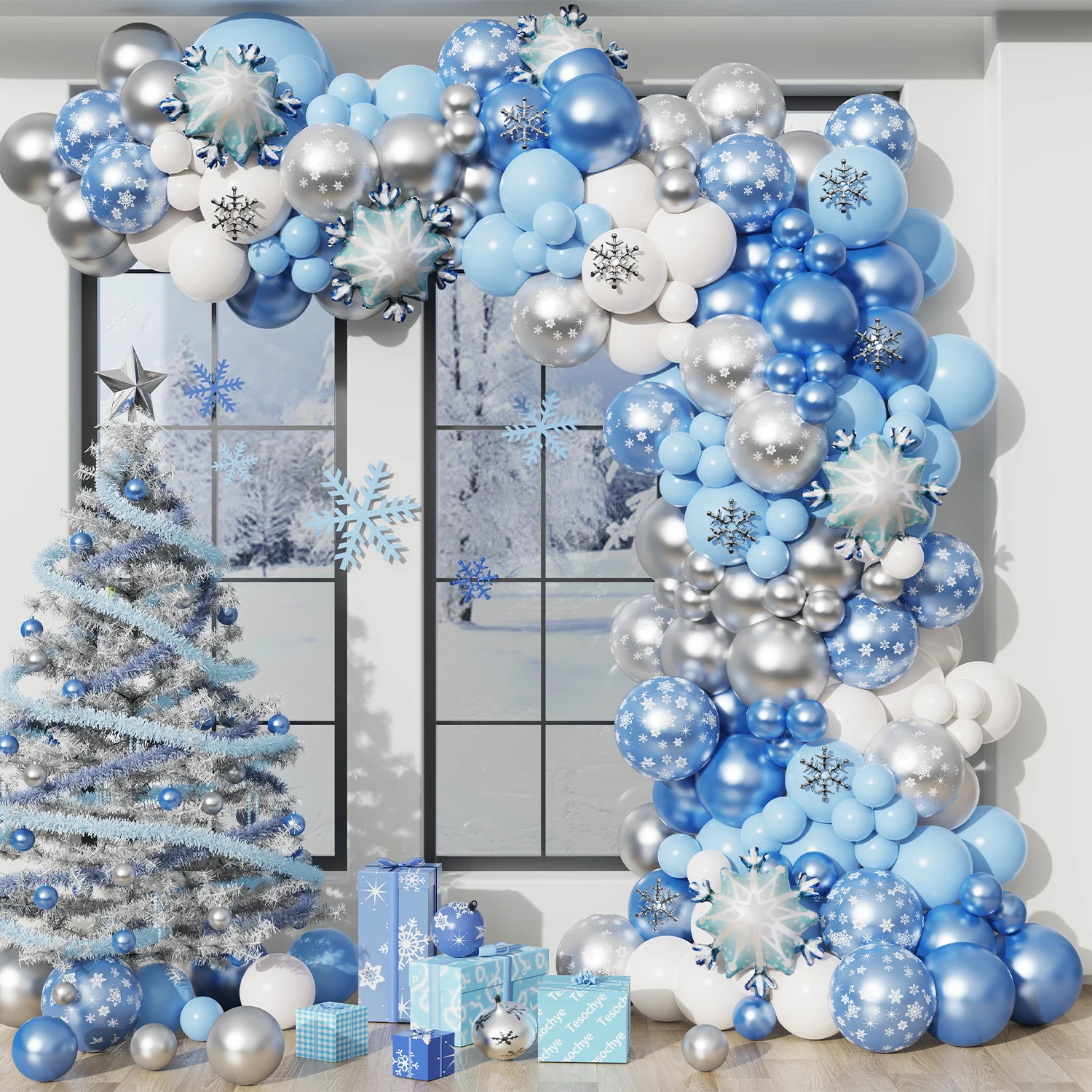Winter Balloon Garland Kit - 142PCS Blue Silver Snowflake Balloons For Christmas Party Decor