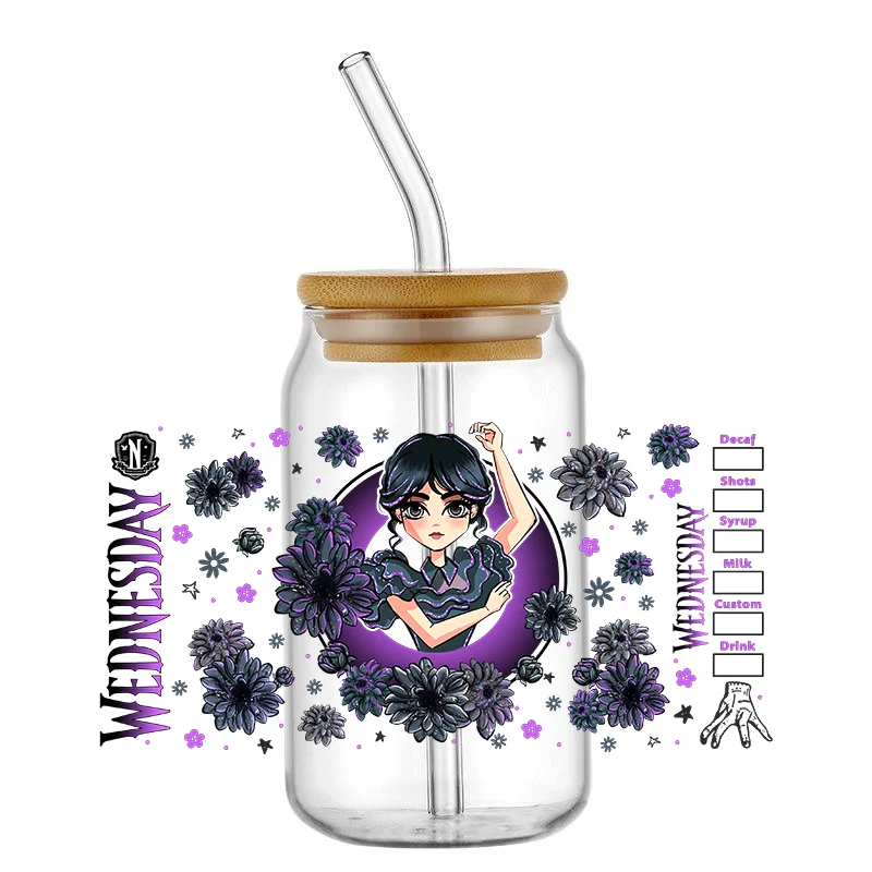 Trending Coffee Design Transfer Sticker DIY UV DTF Wraps Waterproof Transfer Cups Label Wednesday Girl