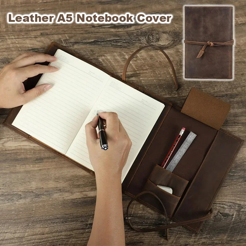 

Genuine Leather A5 Notebook Cover With Strap For Journal Notebook / Pencil / Fountain Pen Office School Supplies Stationery