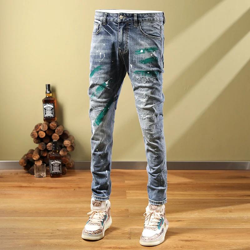 Fashion Streetwear Men Jeans Retro Blue Elastic Stretch Skinny Fit Ripped Jeans Men Green Painted Designer Hip Hop Pants Hombre