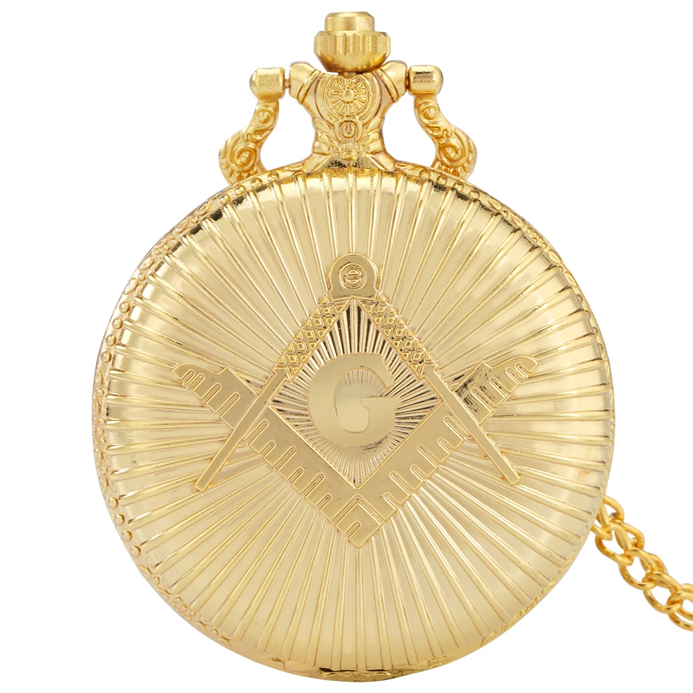 

Vintage Gift Men Women Gold Freemasonry Masonic G Quartz Pocket Watch Arabic Numerals Dial Necklace Pendant Pocket Clock