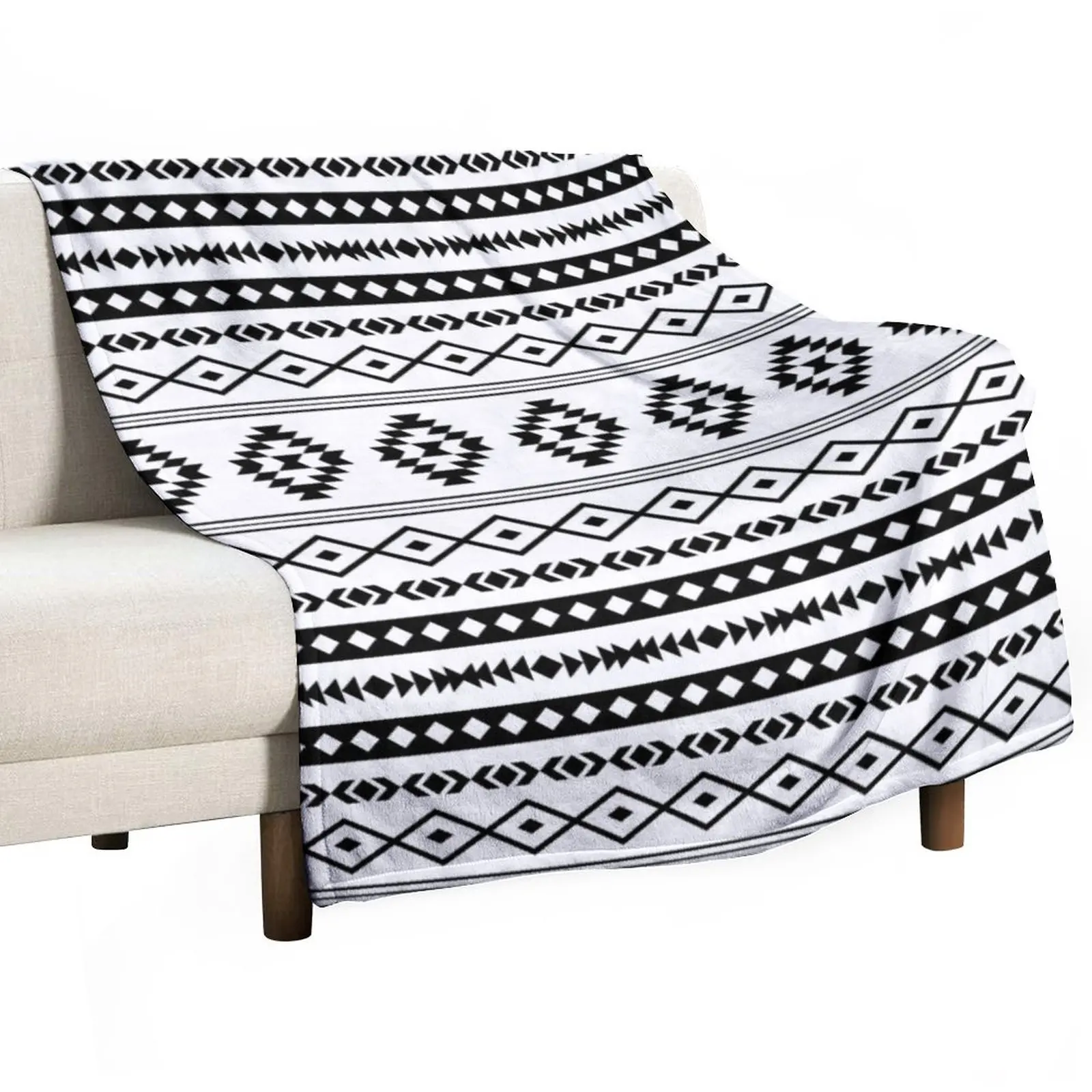 

Aztec Black on White Mixed Motifs Pattern Throw Blanket Soft Plaid Soft Plush Plaid