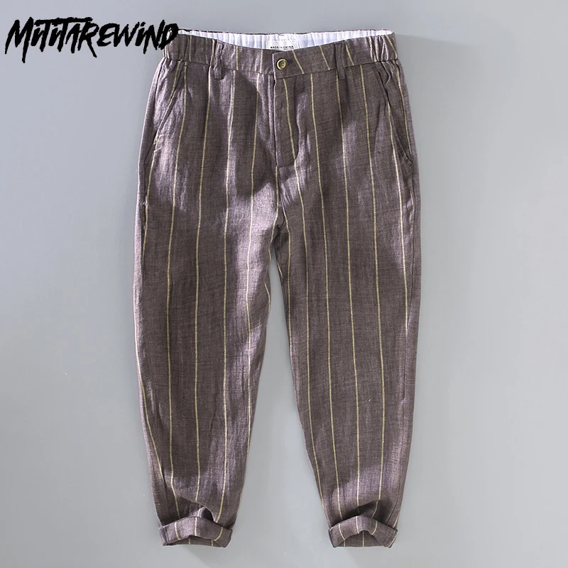 

Брюки мужские воздухопроницаемые из льна, повседневные мешковатые штаны в японском стиле, винтажные полосатые брюки-карандаш, лето 100%