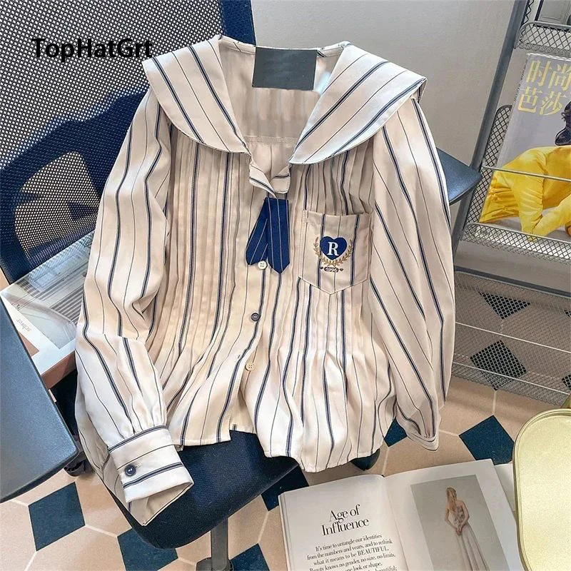 

New Classic Striped Design Women Preppy Style Chiffon Shirt Sailor Collar Retro Embroidery Baggy Blouses Vintage Oversize Top