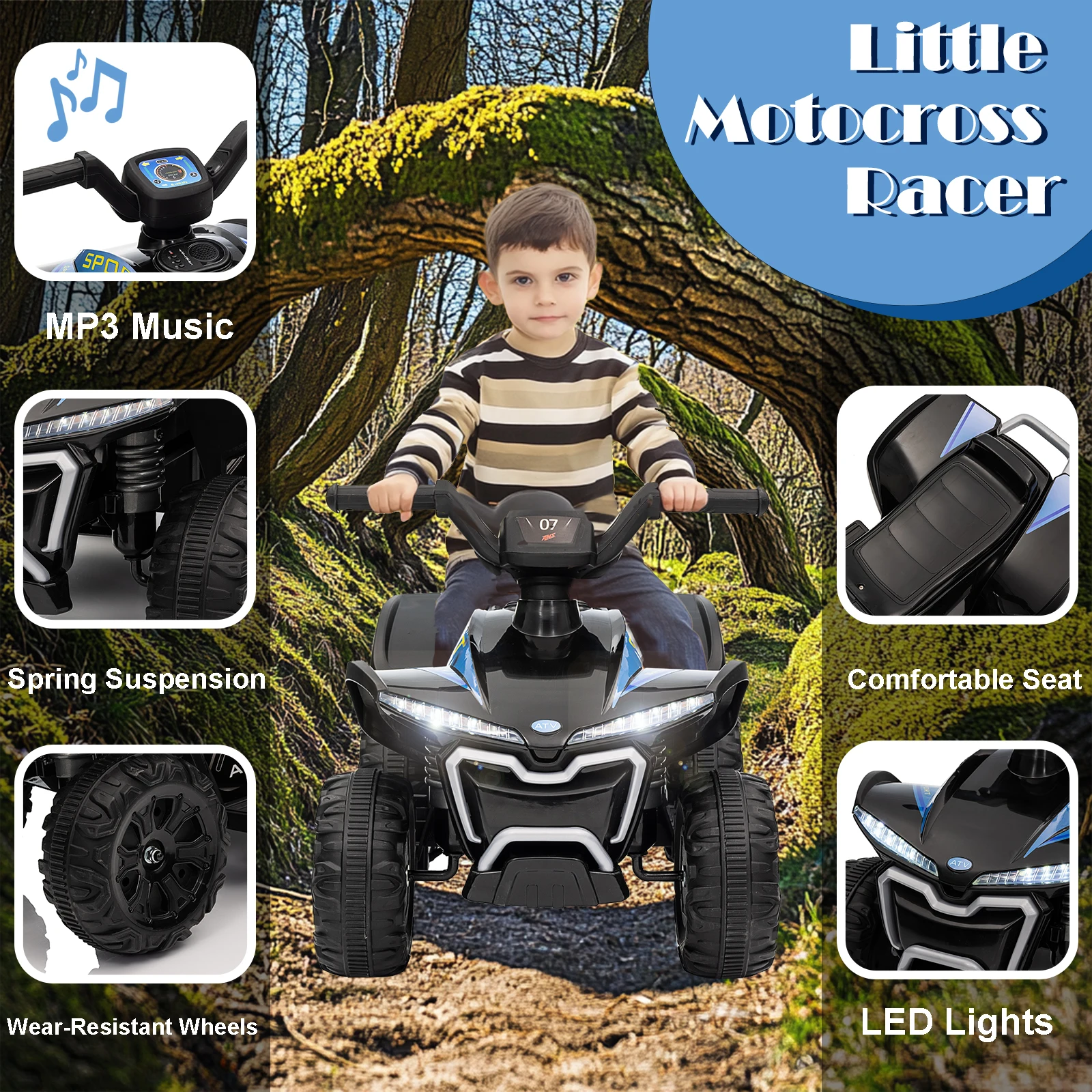 6V ATV Quad for Kids, Electric Ride on Toys for Toddlers w/MP3, LED Light, Spring Suspension, One-Button Start, Foot Accelerator