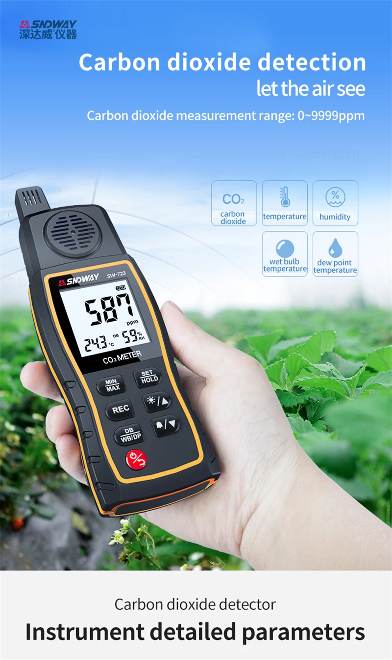 SNDWAY SW-723 Gas Detector Carbon Dioxide CO2 Monitor Alarm 9999 PPM Sensor Prof