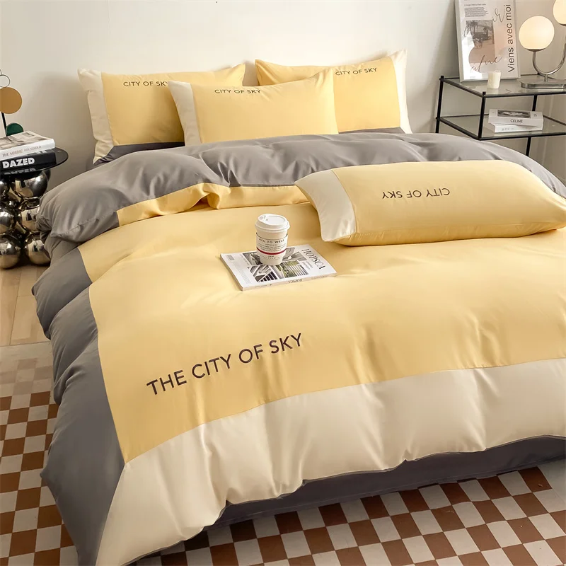 

Pure Cotton Splicing Process Three Piece Set Four Piece Bedding Set Duvet Cover with Bed Sheet Pillow Cover Yellow and Gray