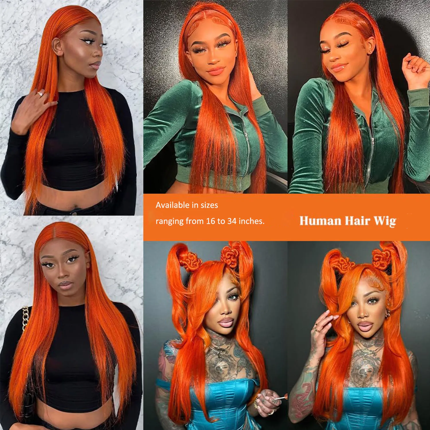 13x4 HD Lace Front Wig 34 Inch Ginger Orange Straight 250 Density Pre Plucked Natural with Baby Hair 6