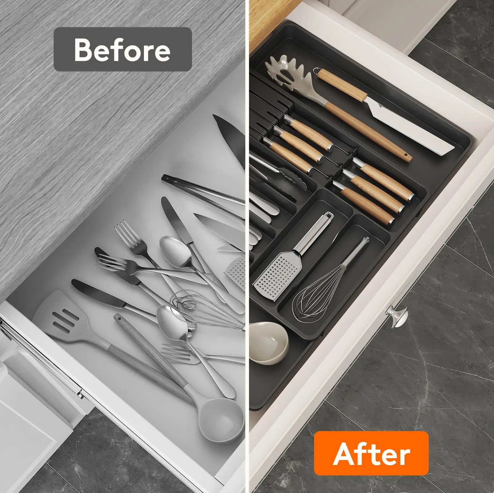 Silverware Drawer Organizer Expandable Utensil Tray with Removable Knife Block Utensil Storage Trays for Knives and Forks 4