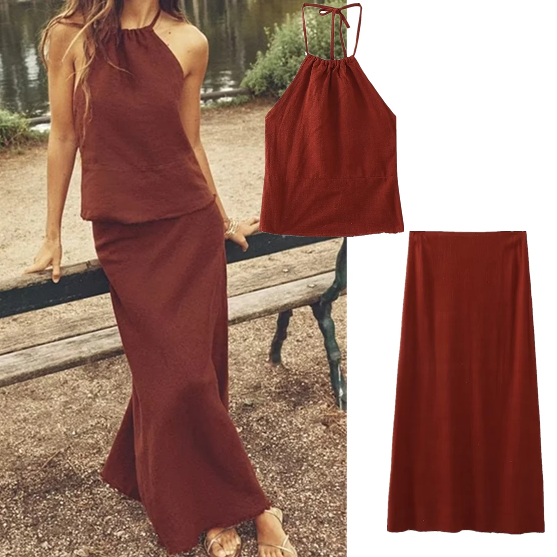 Withered Moroccan Retro Style Brick Red Fashion Camisole Top High Waist Midi Skirt Two Pieces Set Women