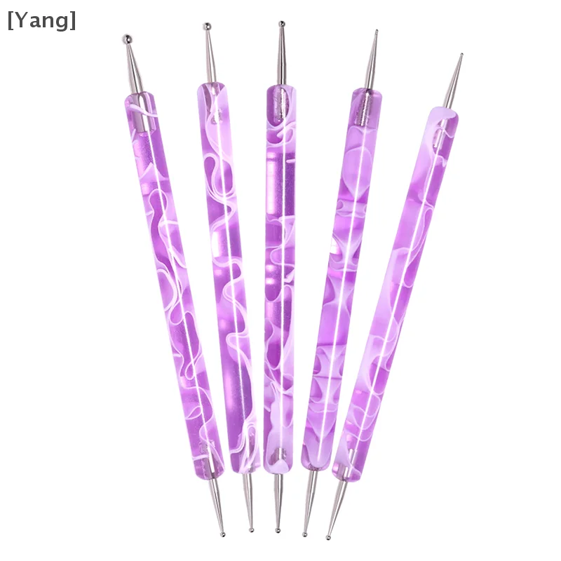 5pcs/Set Dual-Ended Nail Art Dotting Pen With Rhinestones Handle 3D UV Gel Liner Flower Pattern Drawing Painting Brush Tool Kits 5