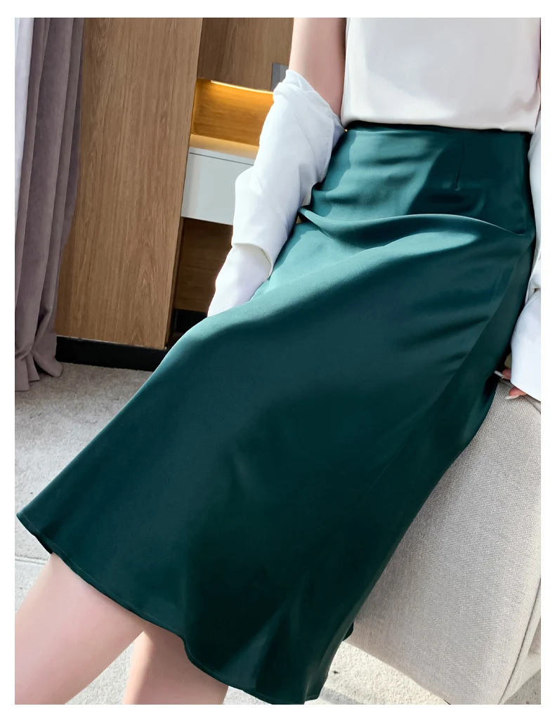 Silk Skirt Women's Spring Summer A-Line Mid-Length Knitt Fishtail Skirt High-Waist Temperament Bottoms Loose and Thin Hip Skirt brown skirt