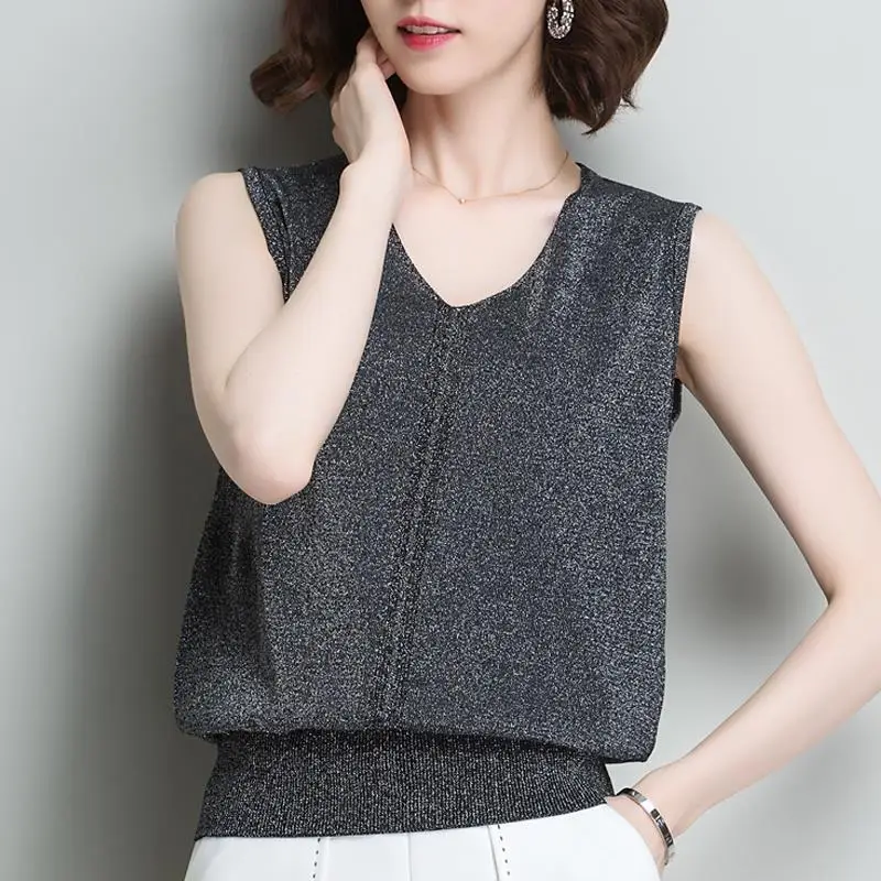 Fashion V-Neck Bright Silk Sleeveless Blouse Women's Clothing 2023 Spring New Casual Pullovers Tops Loose All-match Shirt