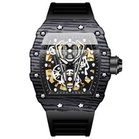 Men's Mechancial Watches Top Brand Tonneau Sport Automatic Wristwatch Fashion Black Rubber Strap Waterproof Skeleton Dial Clock