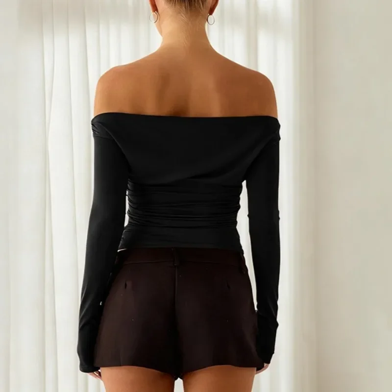 New Fashion Spring Autumn Women's One-word Collar Off-shoulder Long-sleeved T-shirt Solid Color Slim-fitting Waist Short Blouse