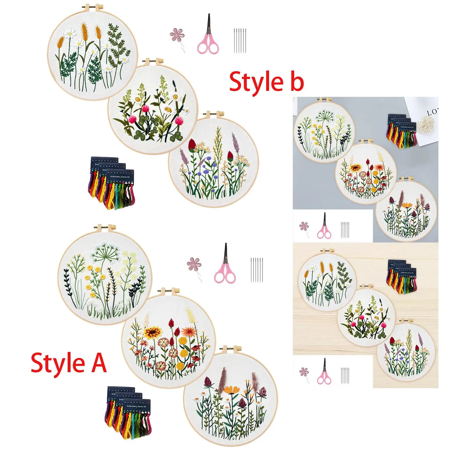3Pcs Beginner Embroidery Set Home Decoration Needlework Embroidery Hoops Starter Tools for Handcraft Enthusiast Adults DIY Art