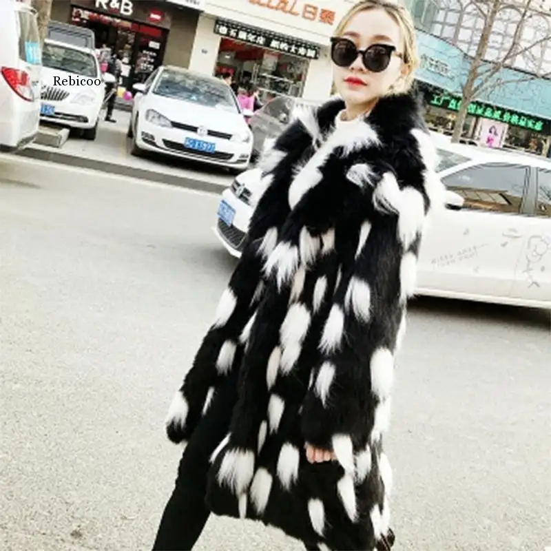 

New Winter Fashion generous Women Faux fox fur Coat Fox Fur Jacket Long Section Black lapel Long Sleeves Warm Style Jackets