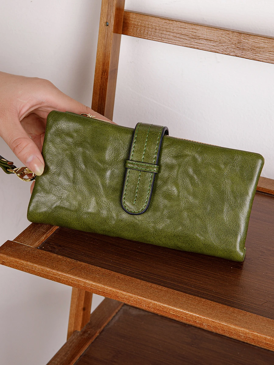 Retro Women's Triple Fold Long Wallet Minimalist with Wrist Strap Multi Card Slot Hand Wallet 2