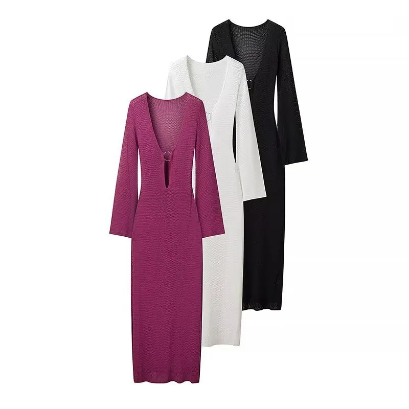 Vestido de otoño de punto calado para mujer, transparente, con escote en V, sin espalda, informal, para playa, vacaciones, maxivestido de punto, vestido de mujer nuevo