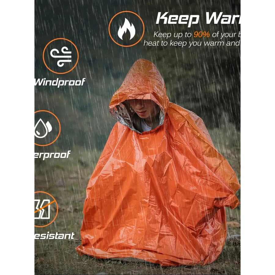 Emergency Rain Poncho Thermal Blanket Poncho Weather Proof Outdoor Survival Camping Gear Survival Gadgets disposable poncho,emergency blanket,survival tool,camping raincoat