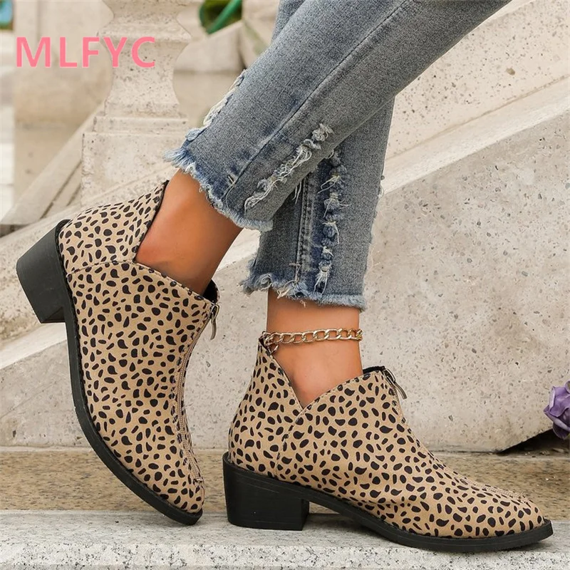 Autumn/Winter New Foreign Trade Women's Single Boot Large Leopard Print Front Zipper Square Heel Short Boots for Women