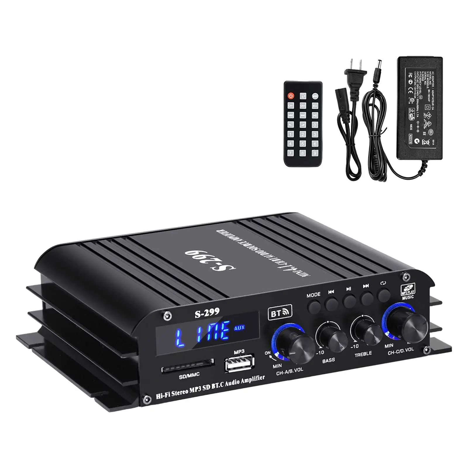 Mini Amplifier USB AUX BT SD HiFi Stereo Amp MP3 4.1 CH for Store Home Theater Subwoofer with Remote Control with Power Adapter