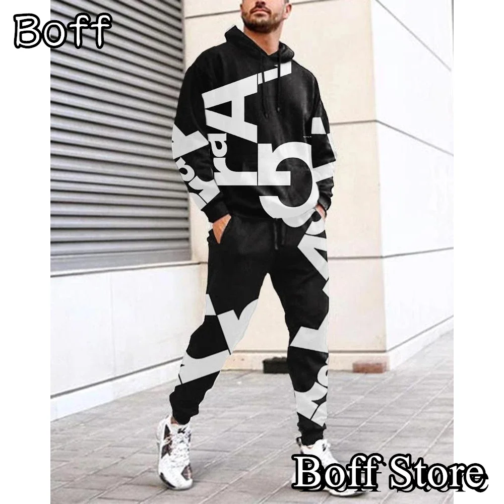 New Men Autumn Spring Hoodies Set Fashion 3D Letter Printing Tracksuit Sweatshirt Sweatpants Suit Male Casual Outfit Set