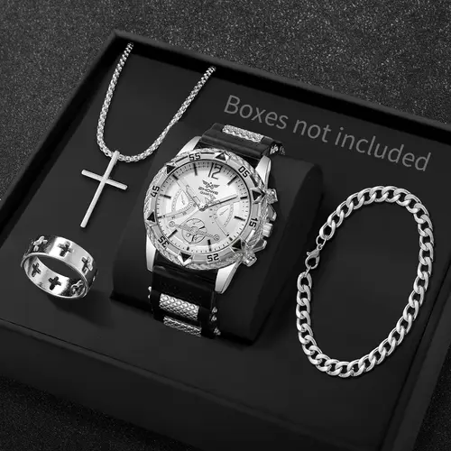 4PCS Fashion Arabic Dial Men Business Quartz Watch CasuSilicone Strap Wristwatch With Necklace Set Reloj Hombre (Without Box) - Image 9