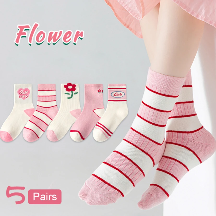 5 Pairs/Lot New Children's Socks Love Flower Trendy Socks Boys And Girls Korean ins Style All-match Casual Sports Kids