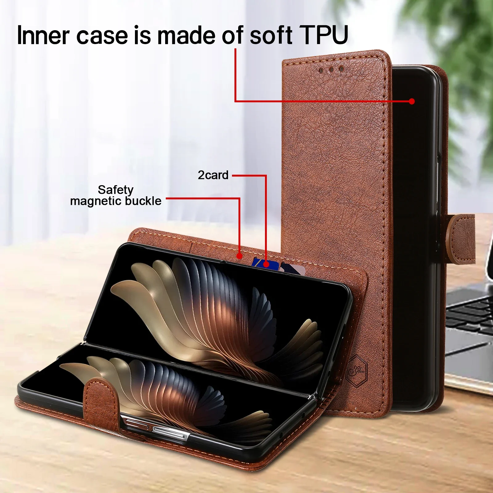 Premium Flip Leather Wallet Phone Case with Kickstand and Card Slots - Business Book Style Cover