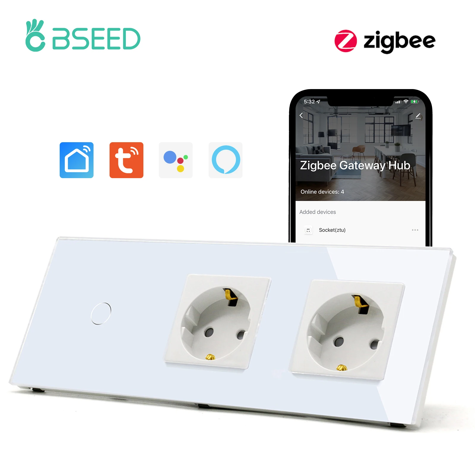 

BSEED ZigBee Wall Light Switch 1/2/3Gang Wifi Touch Sensor Switch Smart Tuya App Control With Double EU Electric Socket