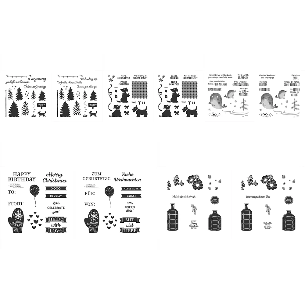 

English German Version Clear Stamps Christmas Tree Gloves Balloon Decor Flower Bottle Stamps Little Dog Dolphin Warm Wishes