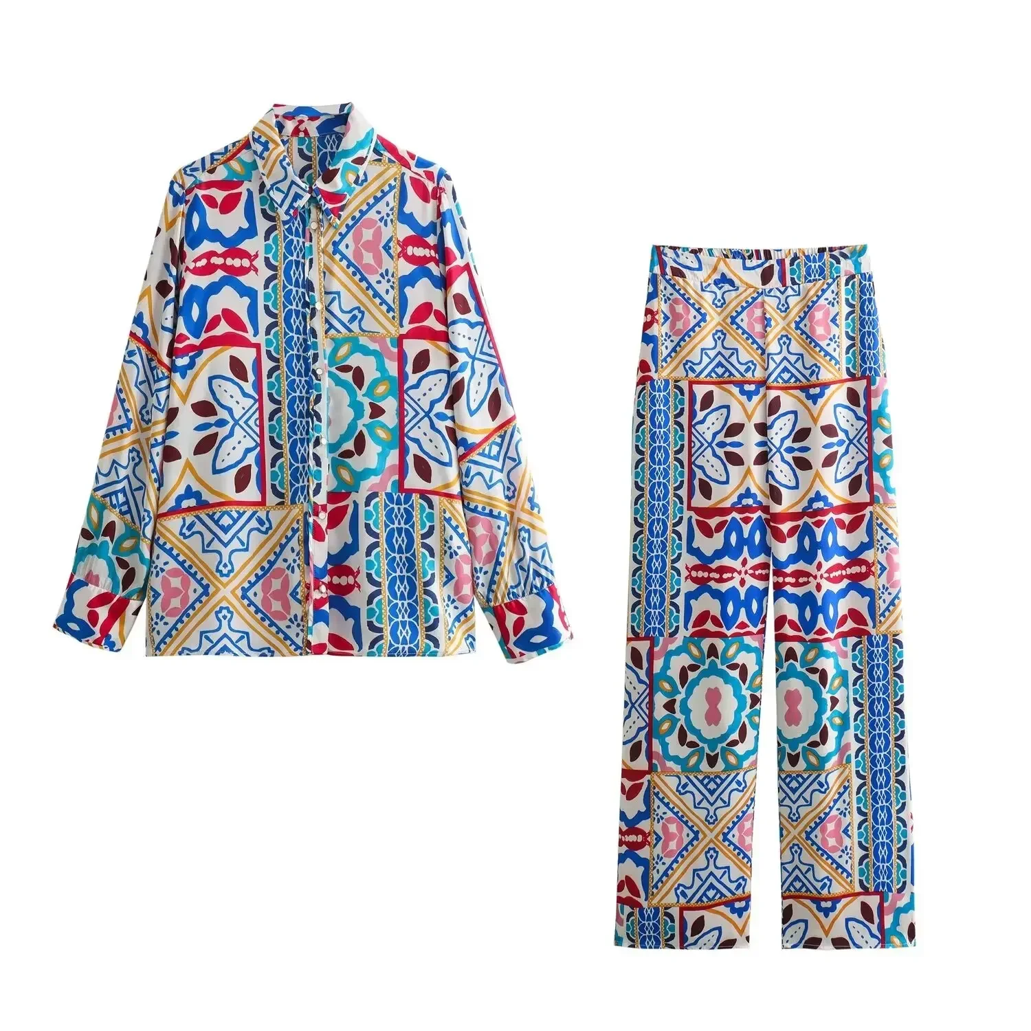 

Women's new fashion floral print decoration casual satin texture lapel shirt retro long sleeved button up women's shirt chic top