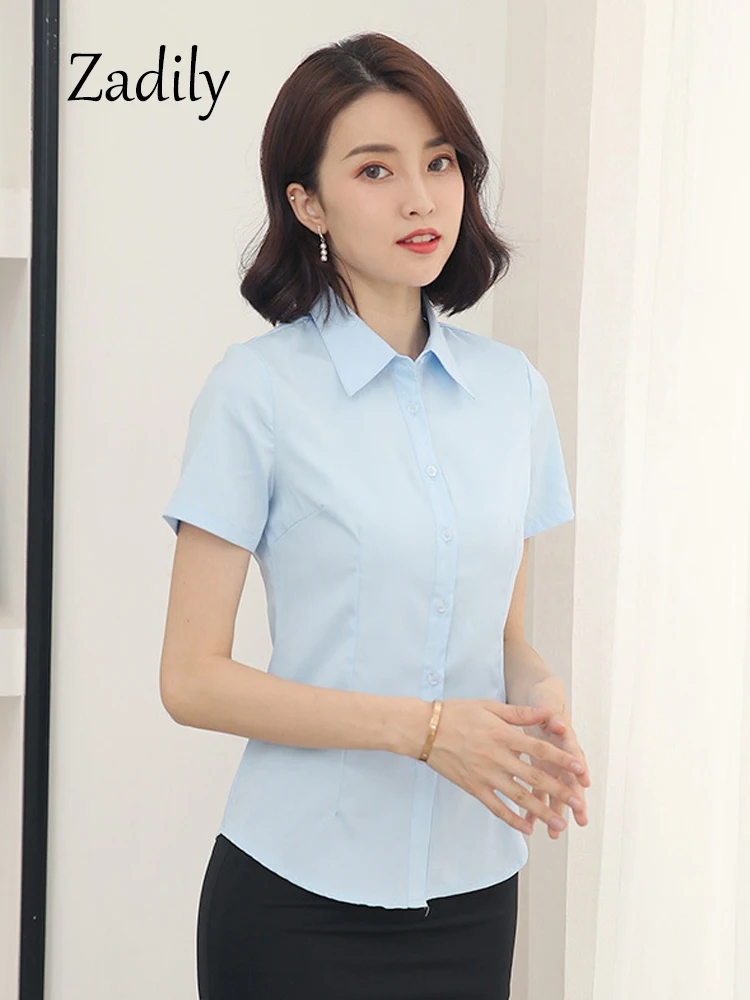 Summer Office Lady Button Up Women Basic White Shirt Minimalist Slim Tunic Button Up Top Short Sleeve Woman Work Shirts Clothing - Image 4