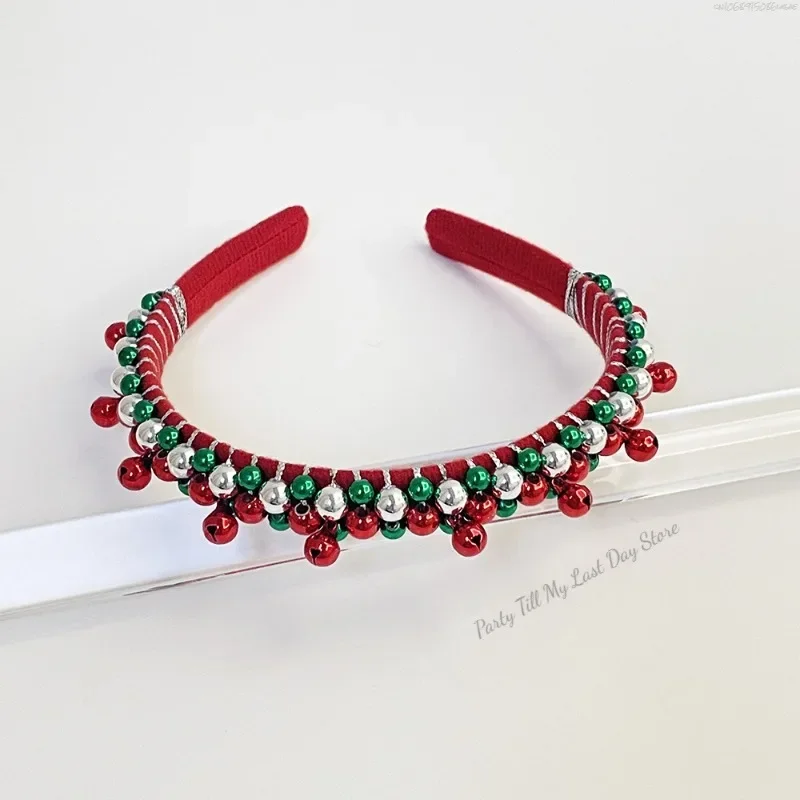 Red Green Christmas Headband Women's Simple Thin Edges Flannel Jingling Bell Beaded Winding Holiday Hair Accessories