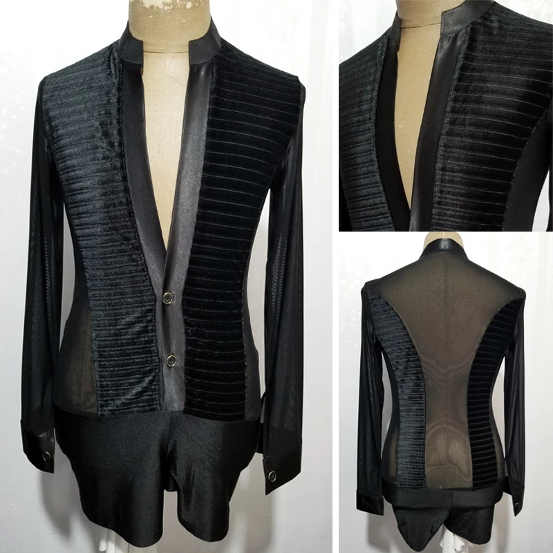 

Black Velvet Latin Competition Costume For Male V-Neck Bodysuit ChaCha Dancewear Ballroom Dancing Performance Shirt