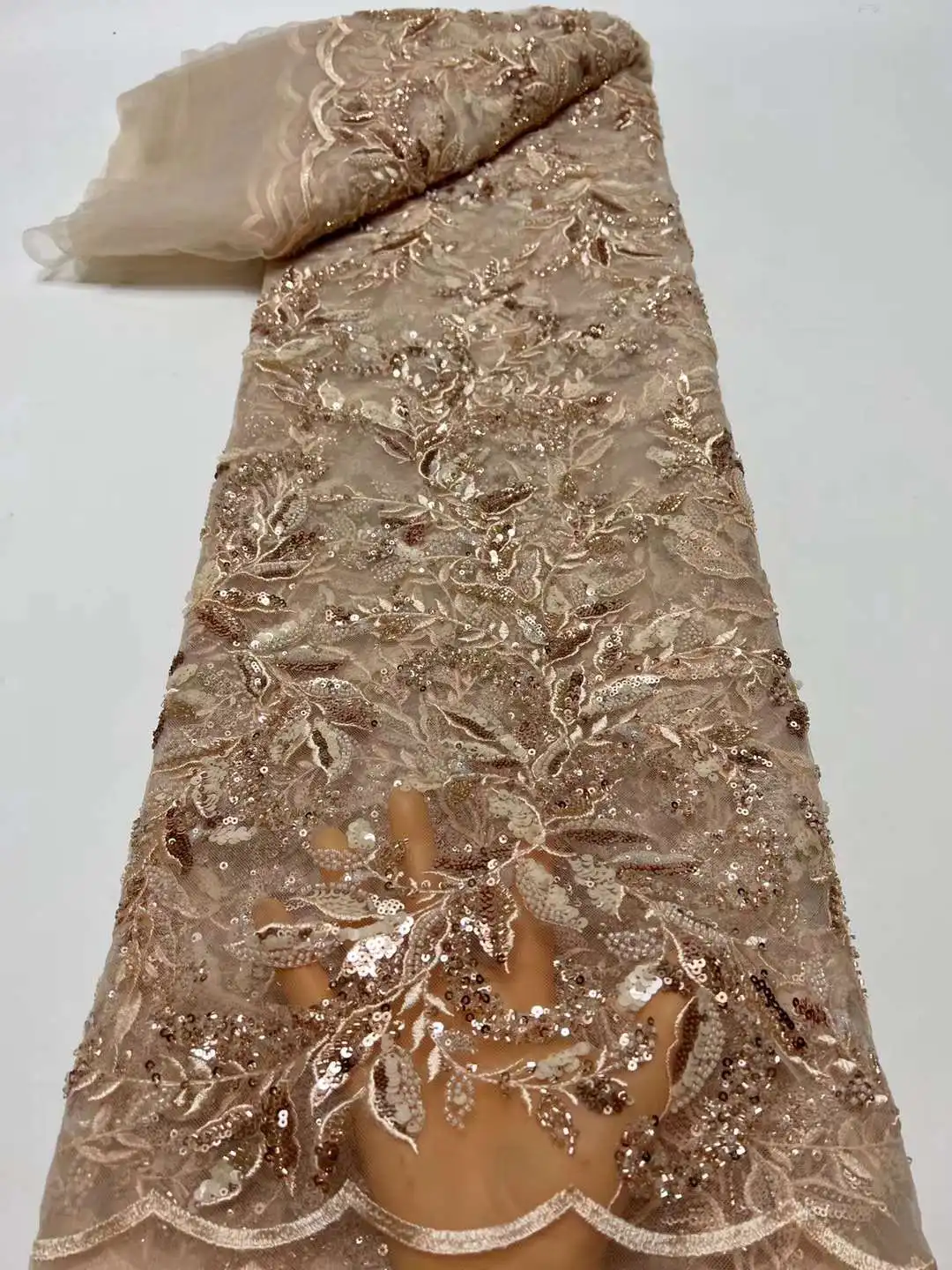 

Luxury African Heavy Beaded Lace Fabric 2023 High Quality 5 Yards Nigerian Sequins Tulle 3D Fabric Material For Wedding HX70X-1