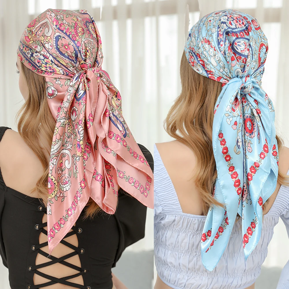 90CM Retro Hair Scarf Ladies Women Square Bandana Headbands Women Bohemia Floral Turban Hair Band Fashion Hair Accessories