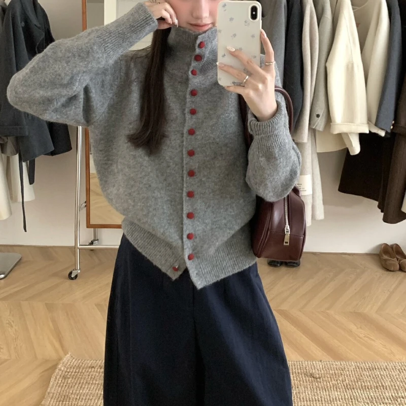 2025 Winter Fashion New Korean Elegant Single Breasted Knitted High Necked Cashmere Cardigan Warm and Thick Outer Sweater