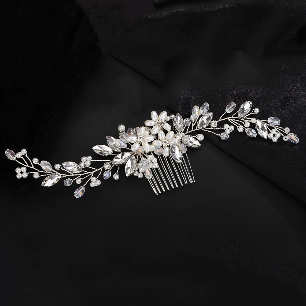 Fashion Silver Gold Rhinestone Pearl Bridal Hair Comb Handmade Crystal Wedding Hair Accessories Headpiece for Women Party Tiaras Hair Accessories Bridal Hair Accessories